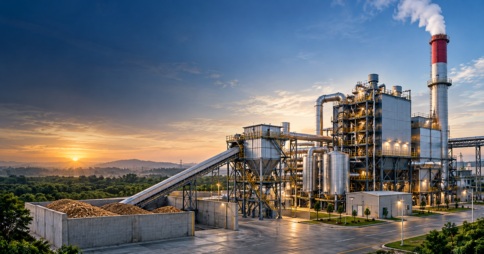 Biomass energy facility at sunrise with boiler systems and fuel handling infrastructure