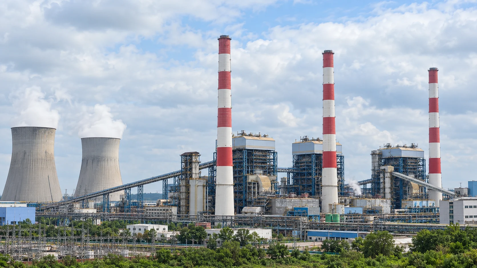 Panoramic industrial power and process plant with cooling towers, chimneys and production buildings