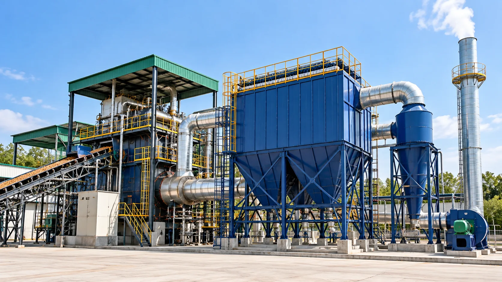 Industrial dust collection and filtration equipment at a biomass facility