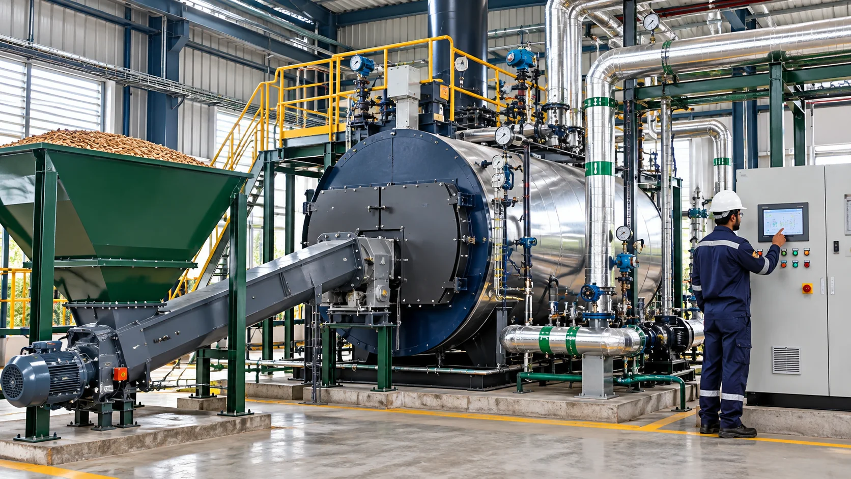 Industrial boiler system under inspection for modernization and efficiency improvements
