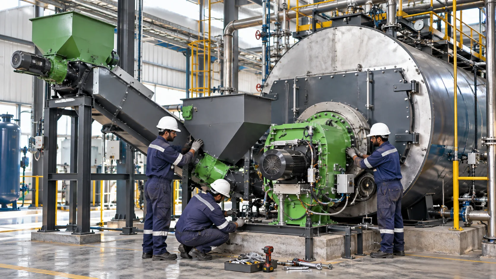 Engineers inspecting and servicing an industrial boiler system