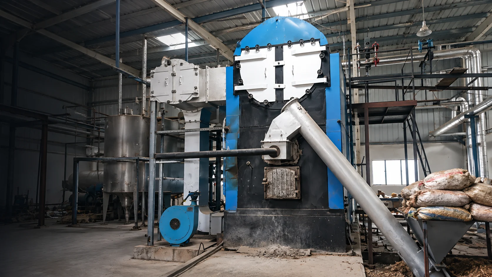 Industrial biomass boiler and fuel feeding equipment inside a plant